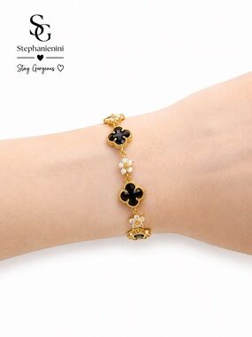 Gold-Tone Black Clover Crystal Charm Bracelet